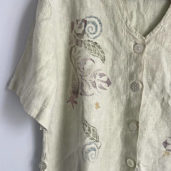 Vintage Lucy & Ezzy V neck linen boho cottagecore lagenlook paint stamped top - Picture 3 of 7